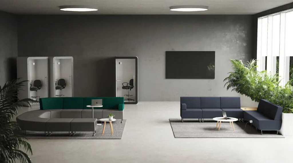 Sala de espera moderna en U mesas de café con diseño contemporáneo