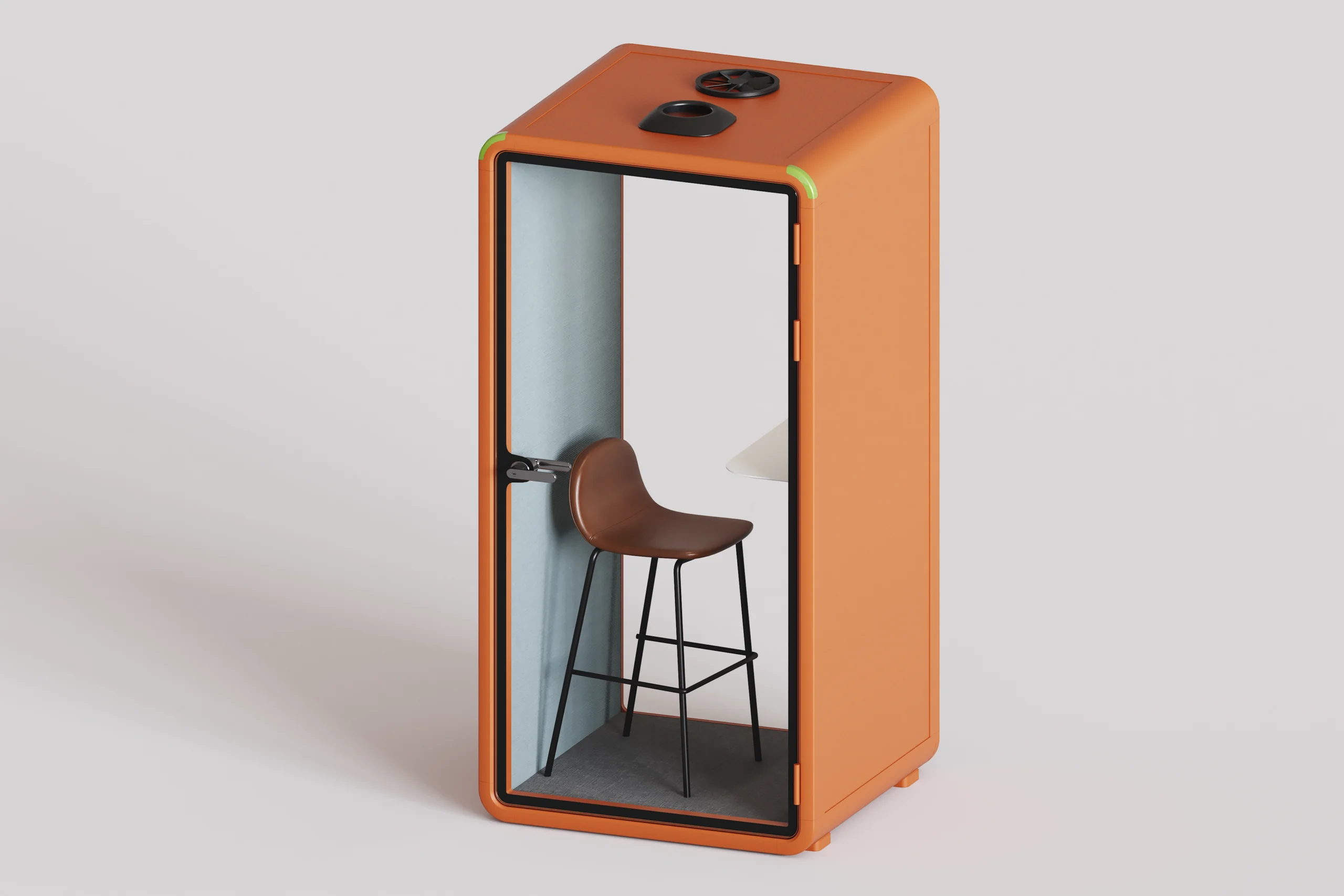 Cabina acústica individual color naranja con silla y mesa plegable