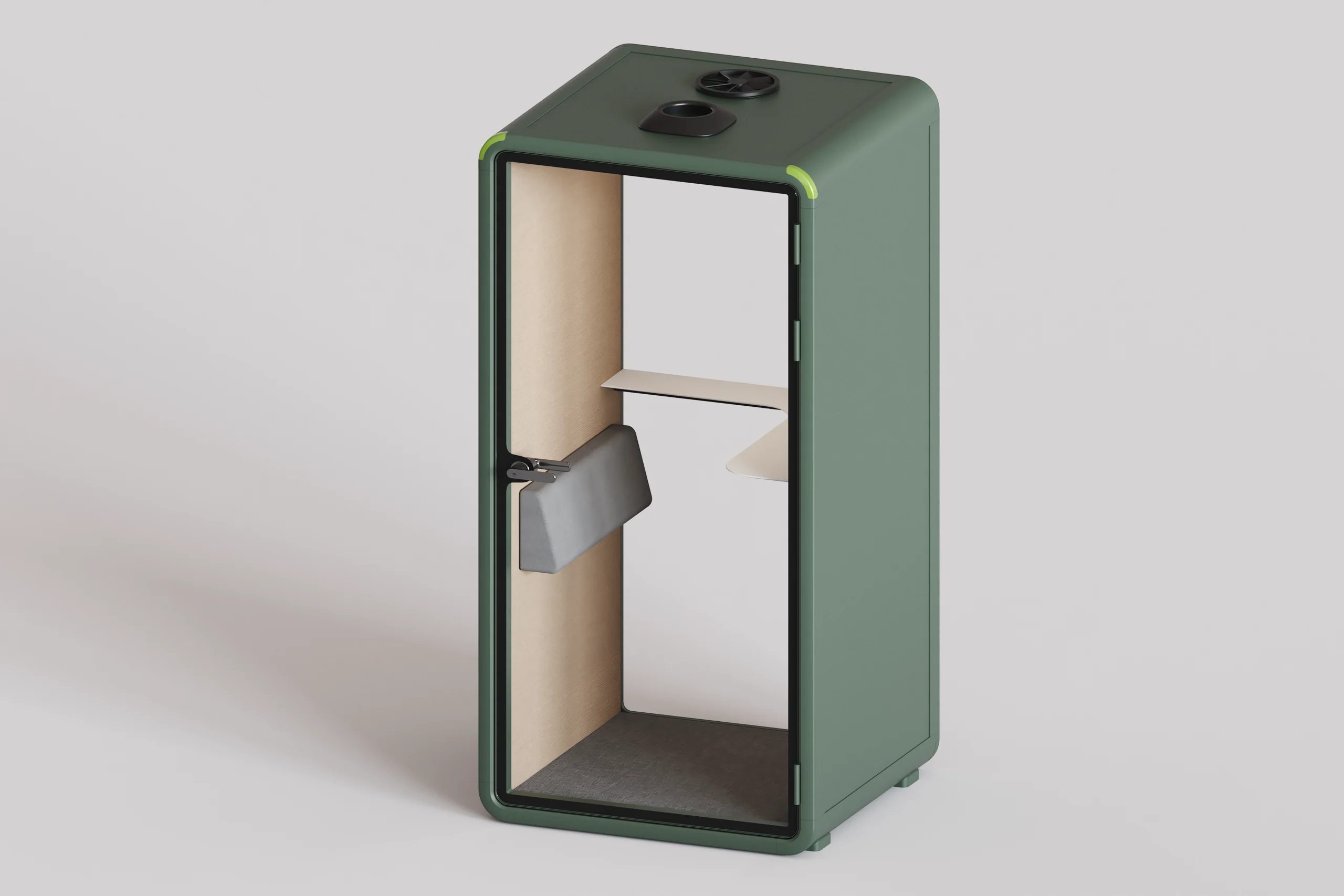 Cabina acústica individual color verde con repisa interior y ventilación en el techo