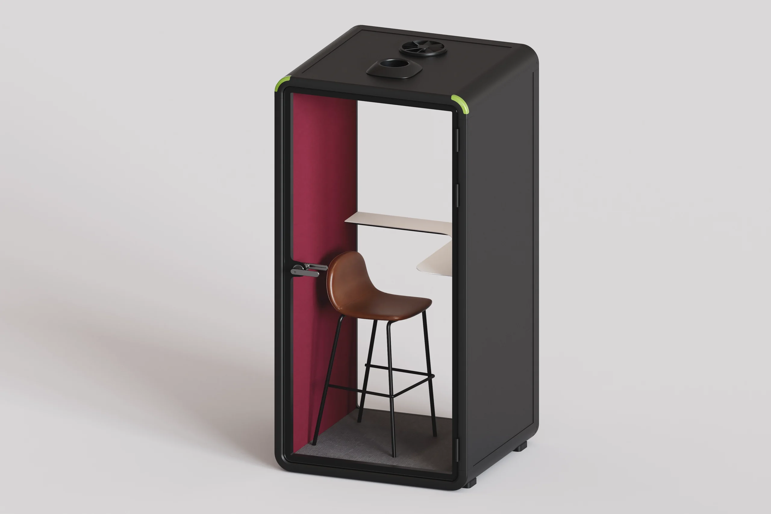 Cabina acústica individual color negro con interior fucsia