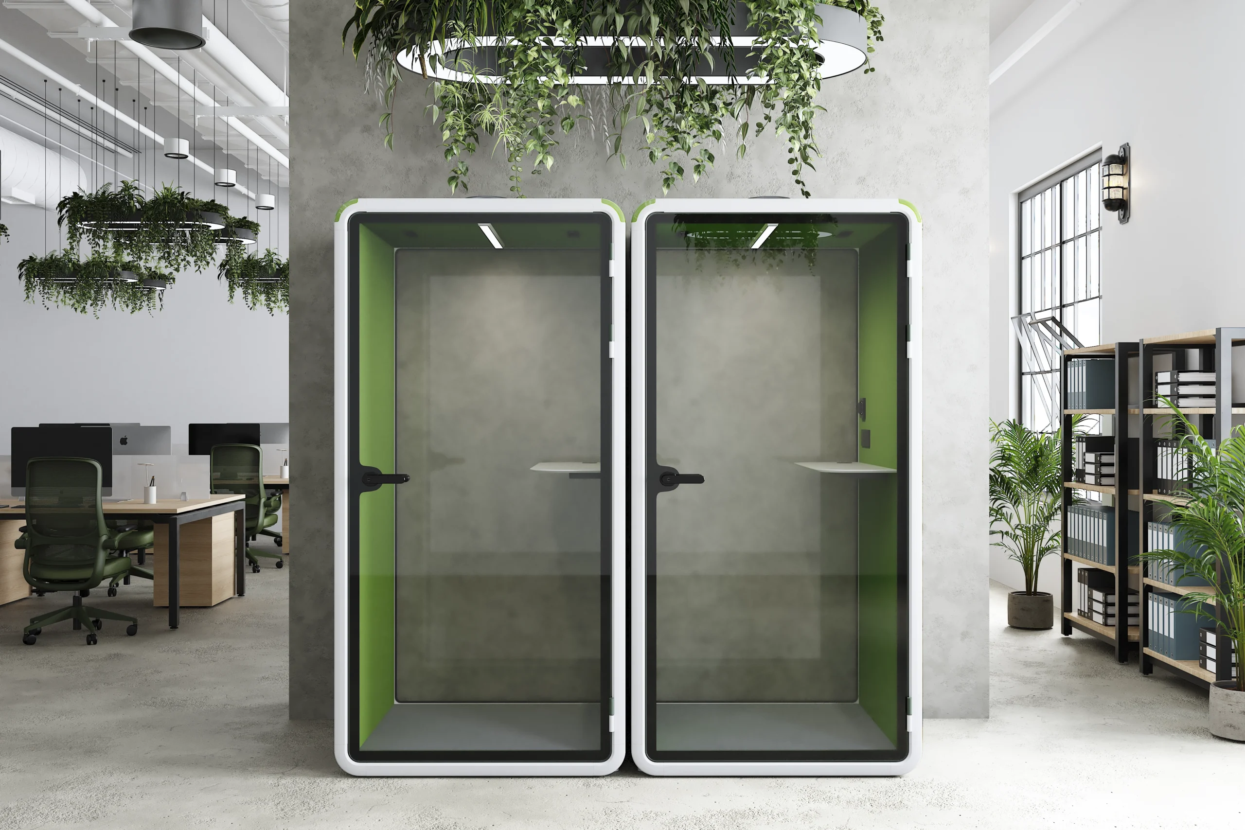 Cabina Acusto modelo S en una oficina abierta